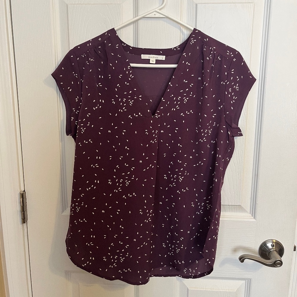 Purple Patterned Short Sleeve Blouse - Small